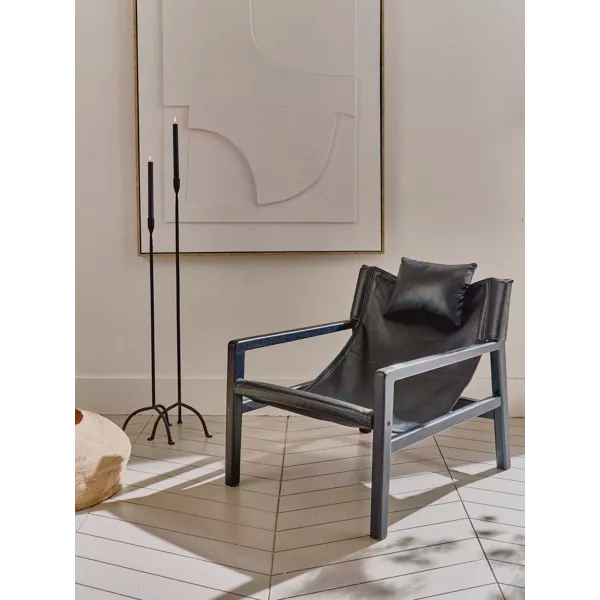 SIESTA - Fauteuil - bois de manguier / cuir - L 64 x W 76 x H 69 cm - noir