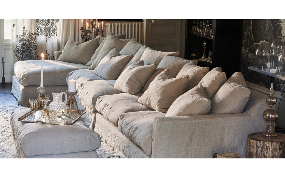 Grand canapé profond en lin froissé - Beige café avec coussins en plumes